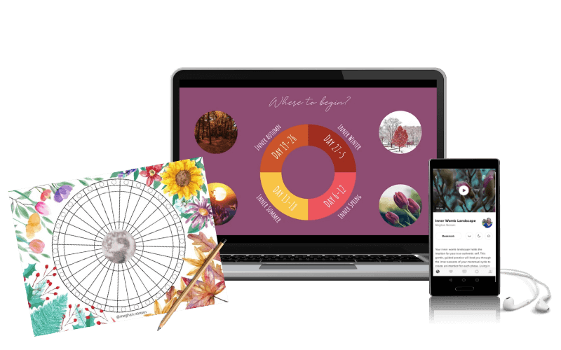 Left side is a menstrual cycle chart. Middle is a laptop with an image of Cyclical Awakening course. Right is a mobile with a meditation app.