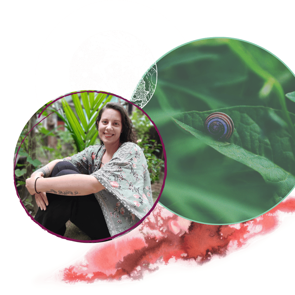 Three circles. One with a photo of Meghan sitting on the ground in a green and black outfit. One with leaves and a purple snail. One with the moon.