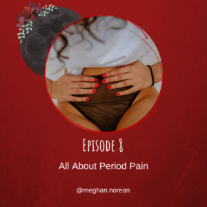 Photo of a person experiencing period pain and places hands on womb with a red background and a dark moon